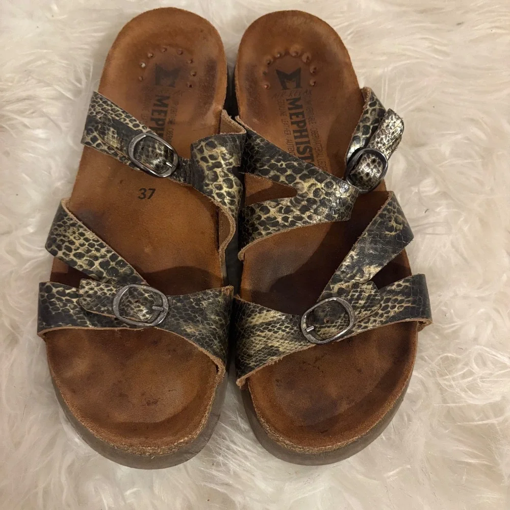 Mephisto Womens Helen Snakeskin Print Leather Buckle Slide Sandals Size 37 US 7